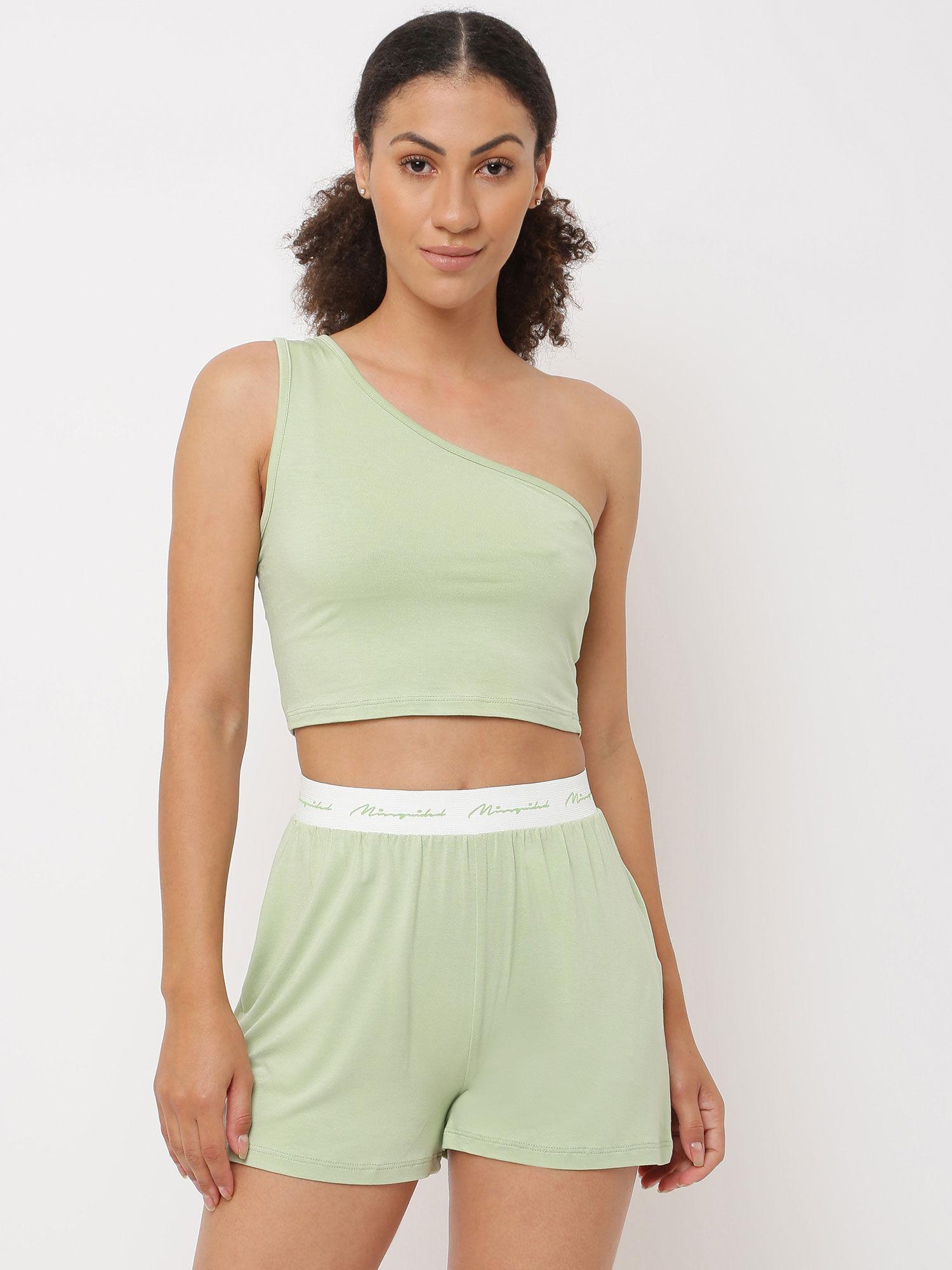 sage one shoulder crop top and shorts pyjama set