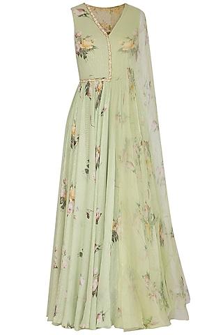 sage printed anarkali gown with attached dupatta