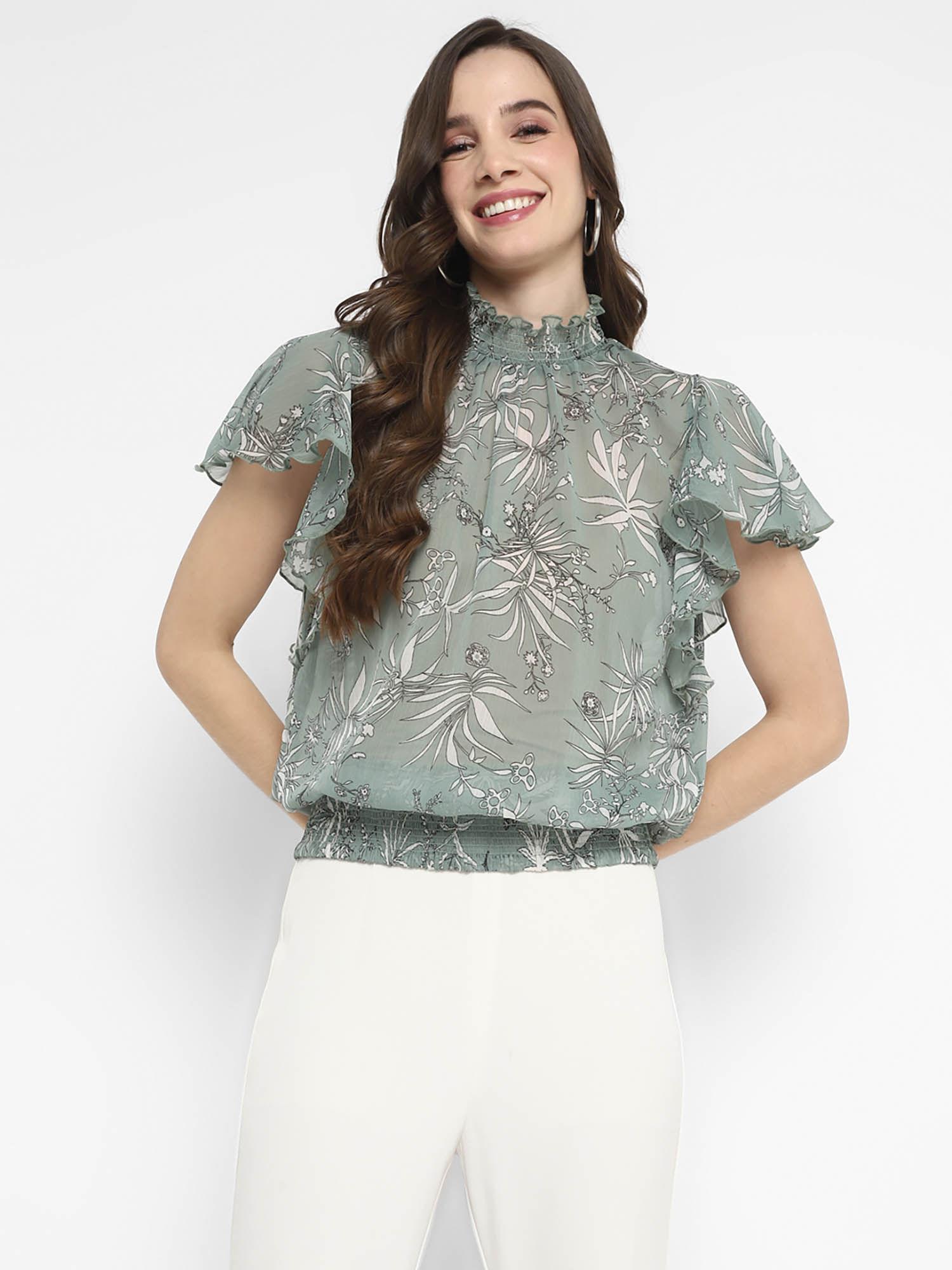 sage printed chiffon top