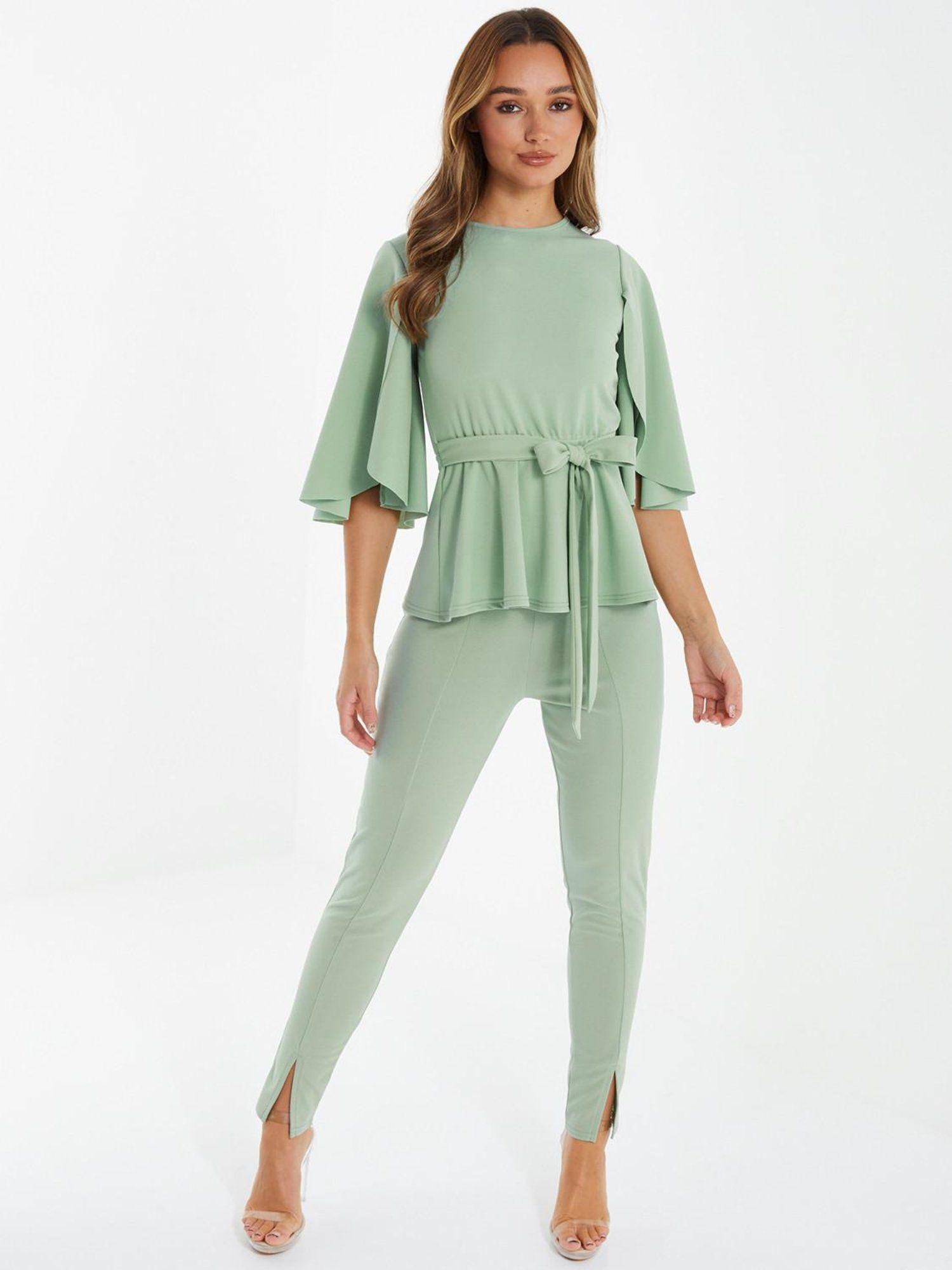 sage scuba crepe peplum top with tie belt