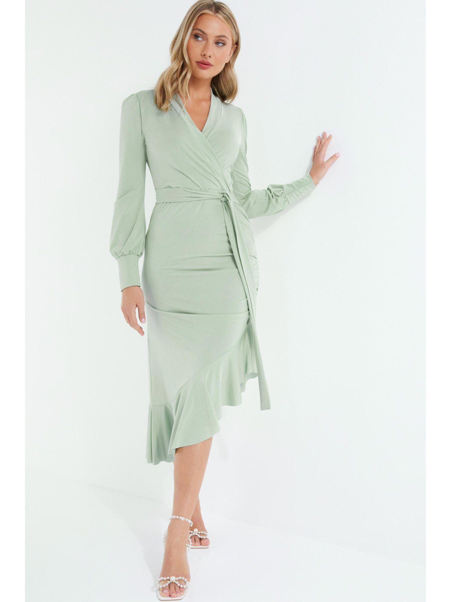 sage slinky long sleeve wrap front frill midi dress