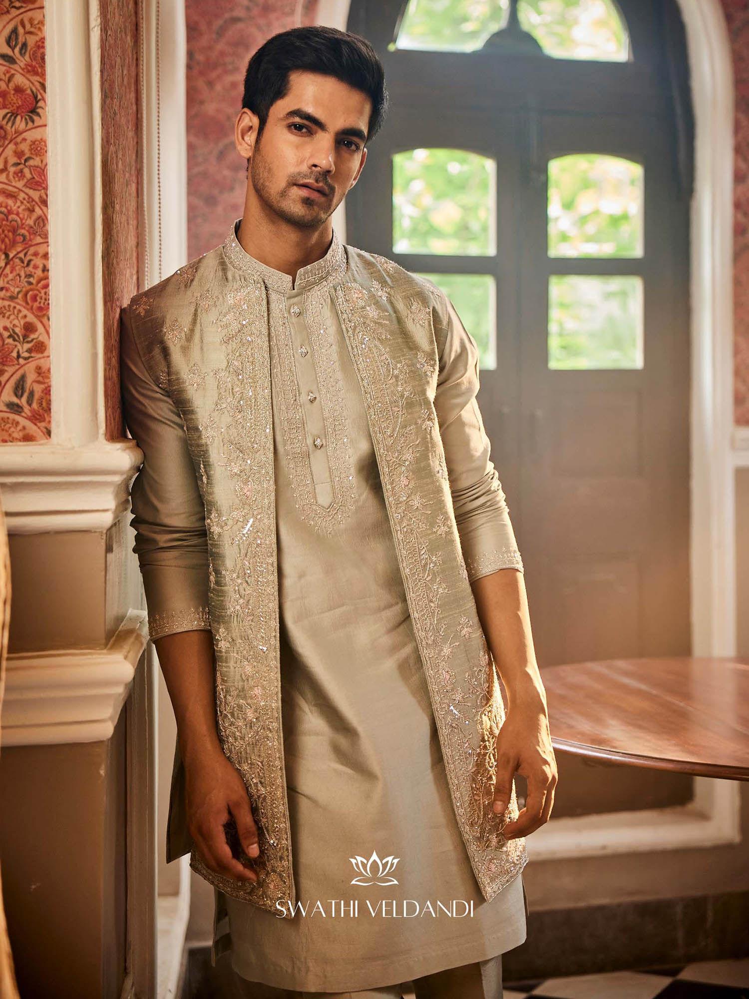 sage taupe embellished nehru jacket with kurta and pant (set of 3)