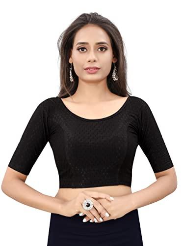 sagibo round neck dobby cotton lycra stretchable elbow sleeve readymade saree blouse for women stylish, black
