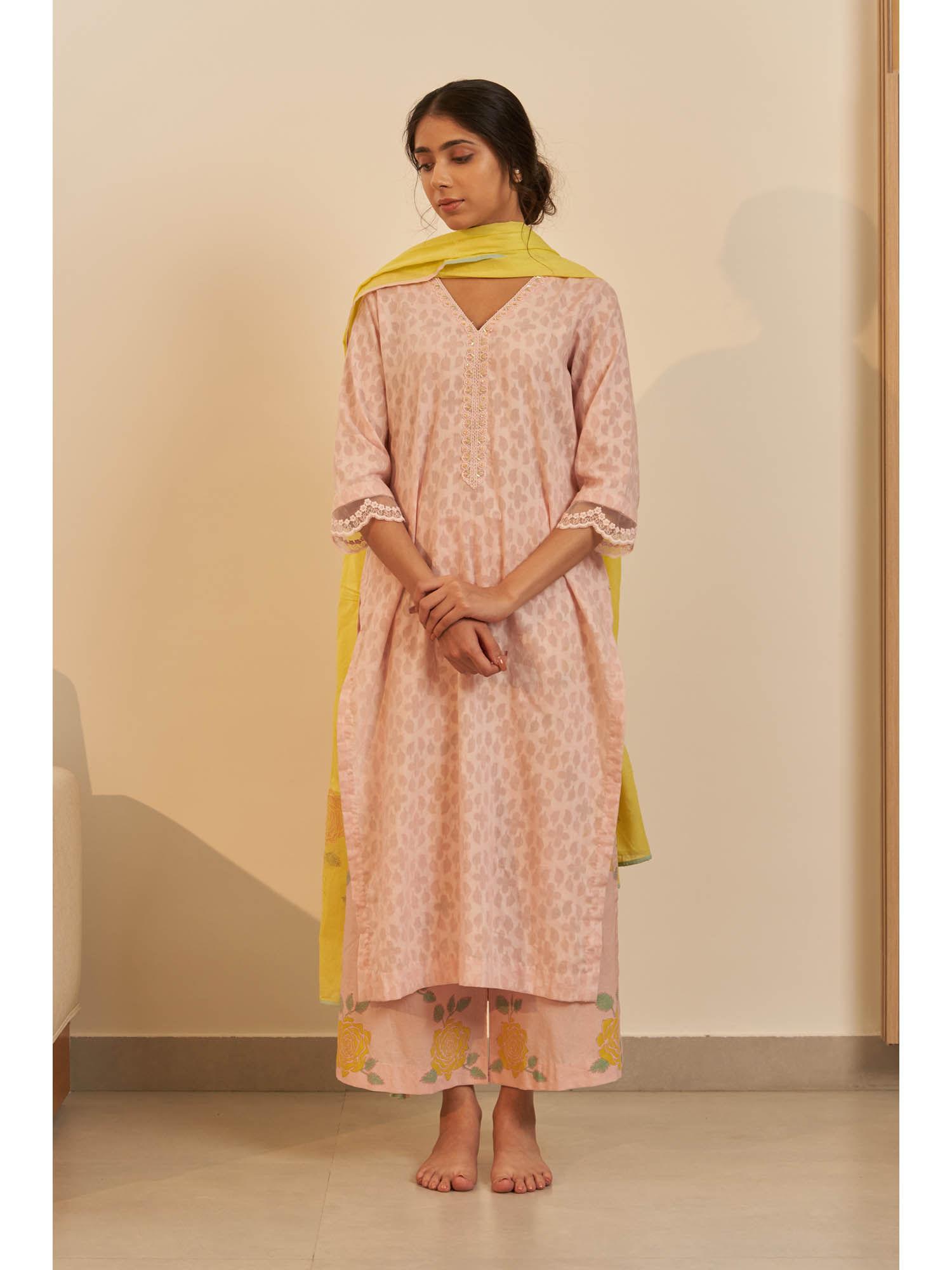 sahaj powder-pink cotton straight-fit kurta (set of 3)