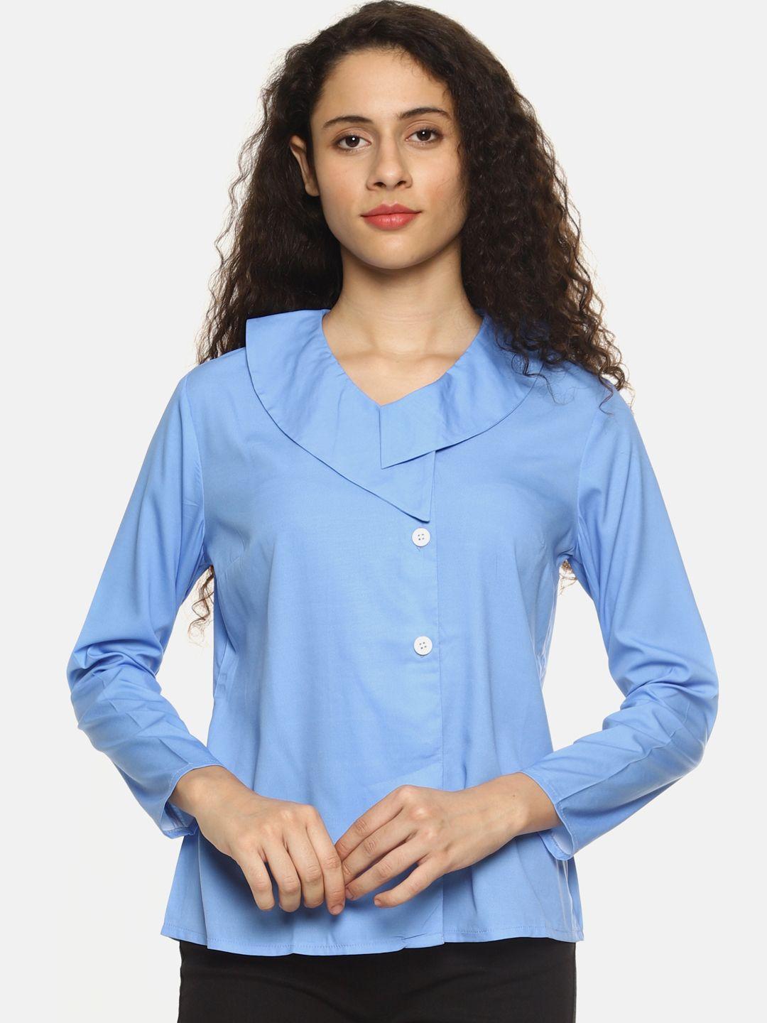 sahora women blue regular fit solid casual shirt