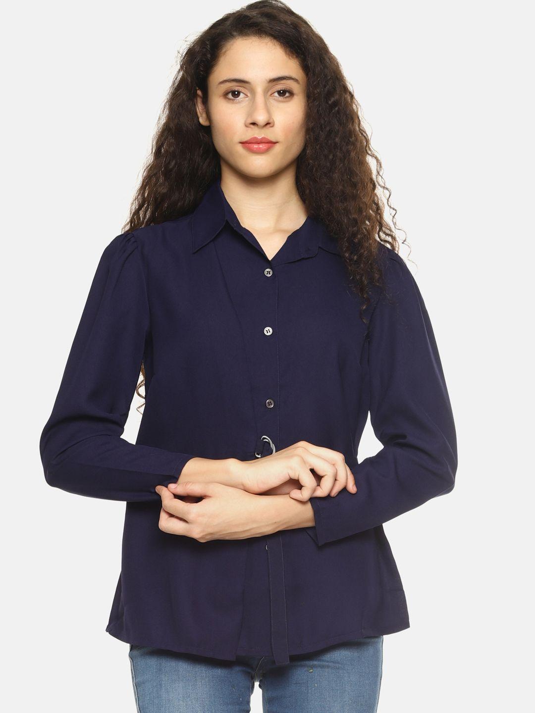 sahora women navy blue regular fit solid casual shirt