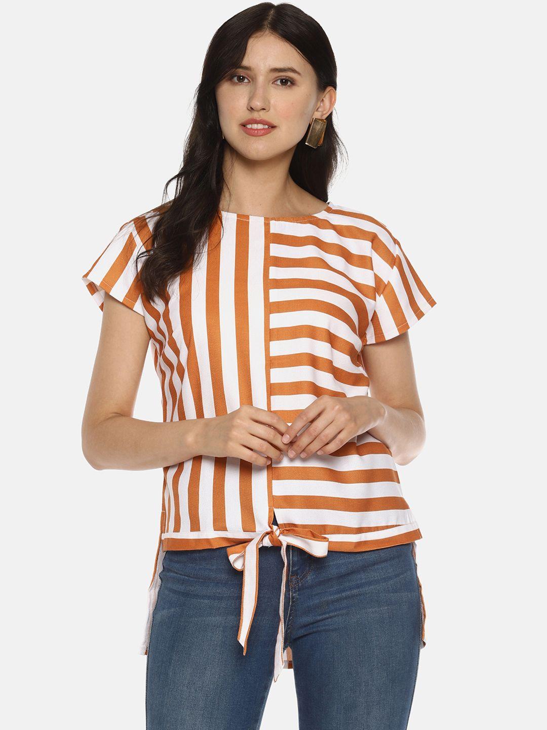 sahora women white & orange striped regular top