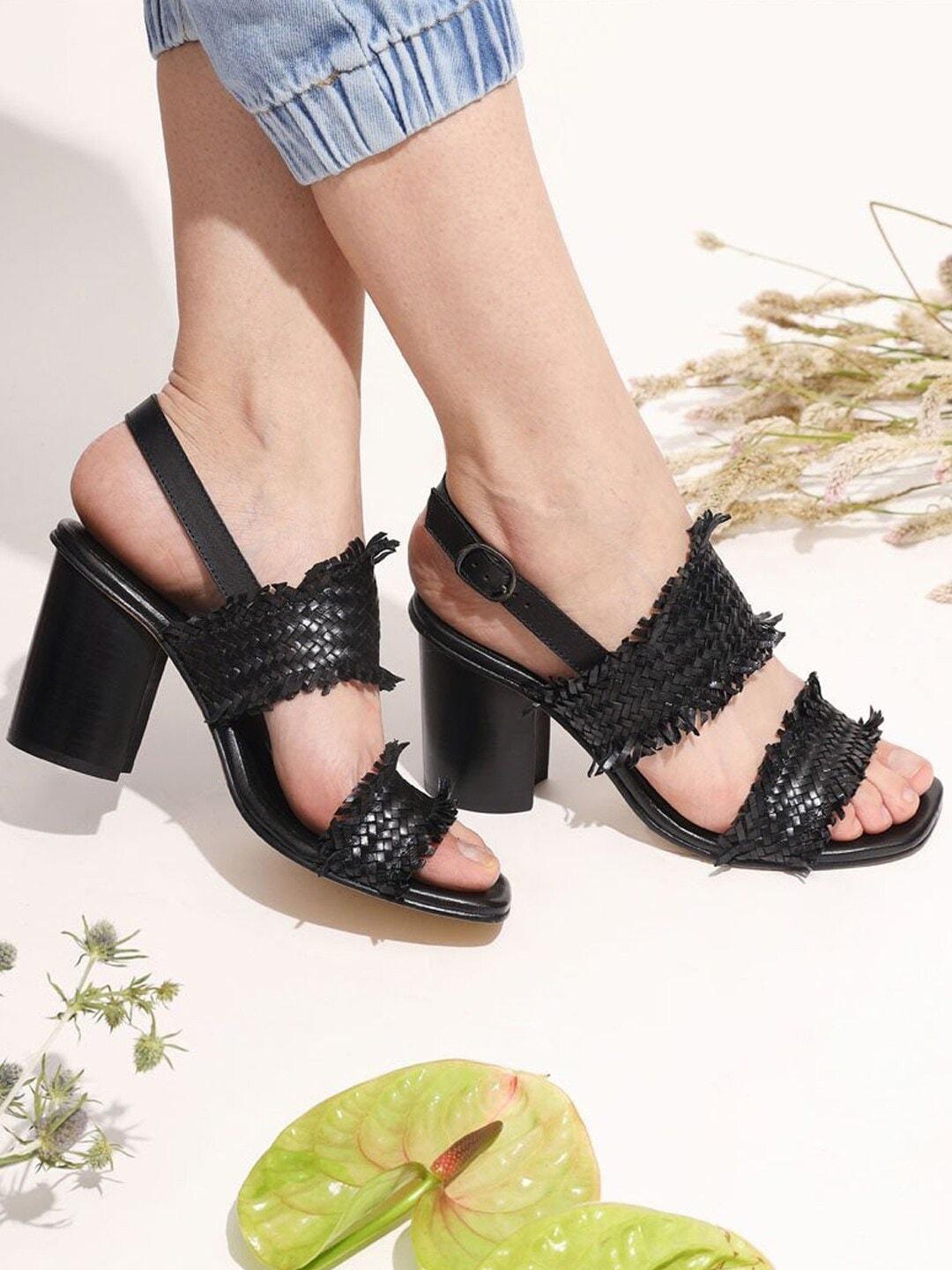 saint g black woven design leather block heels