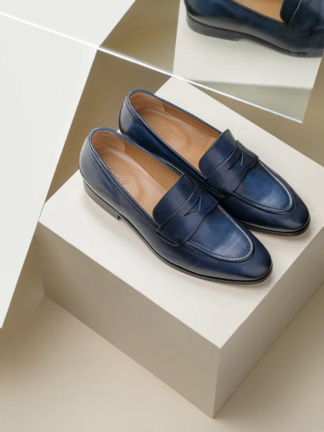 saint g men navy blue leather formal loafers