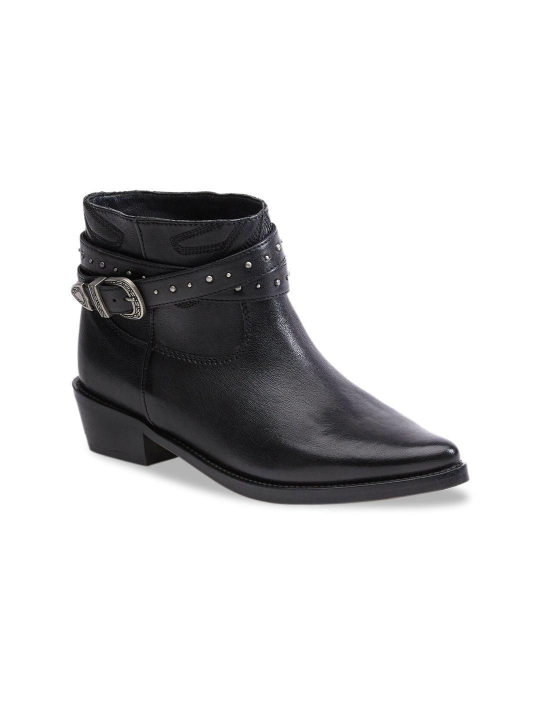 saint g women black solid leather heeled boots