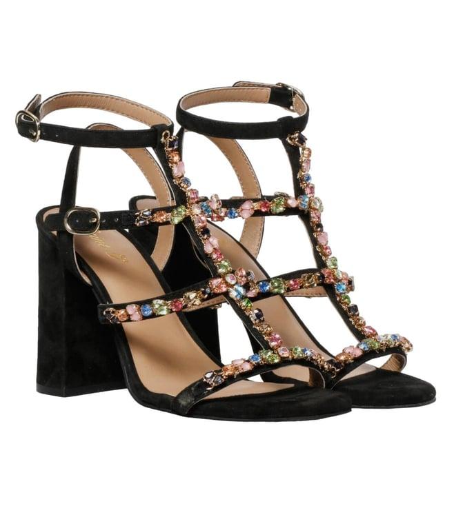 saint g black alyssa multi stone embellished strappy leather block chunky heels