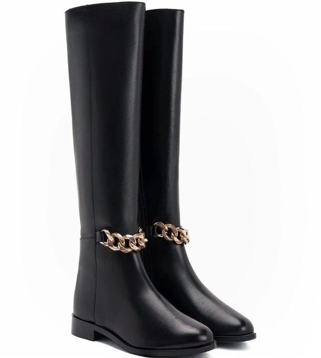 saint g gold chain embellished black leather knee high boots