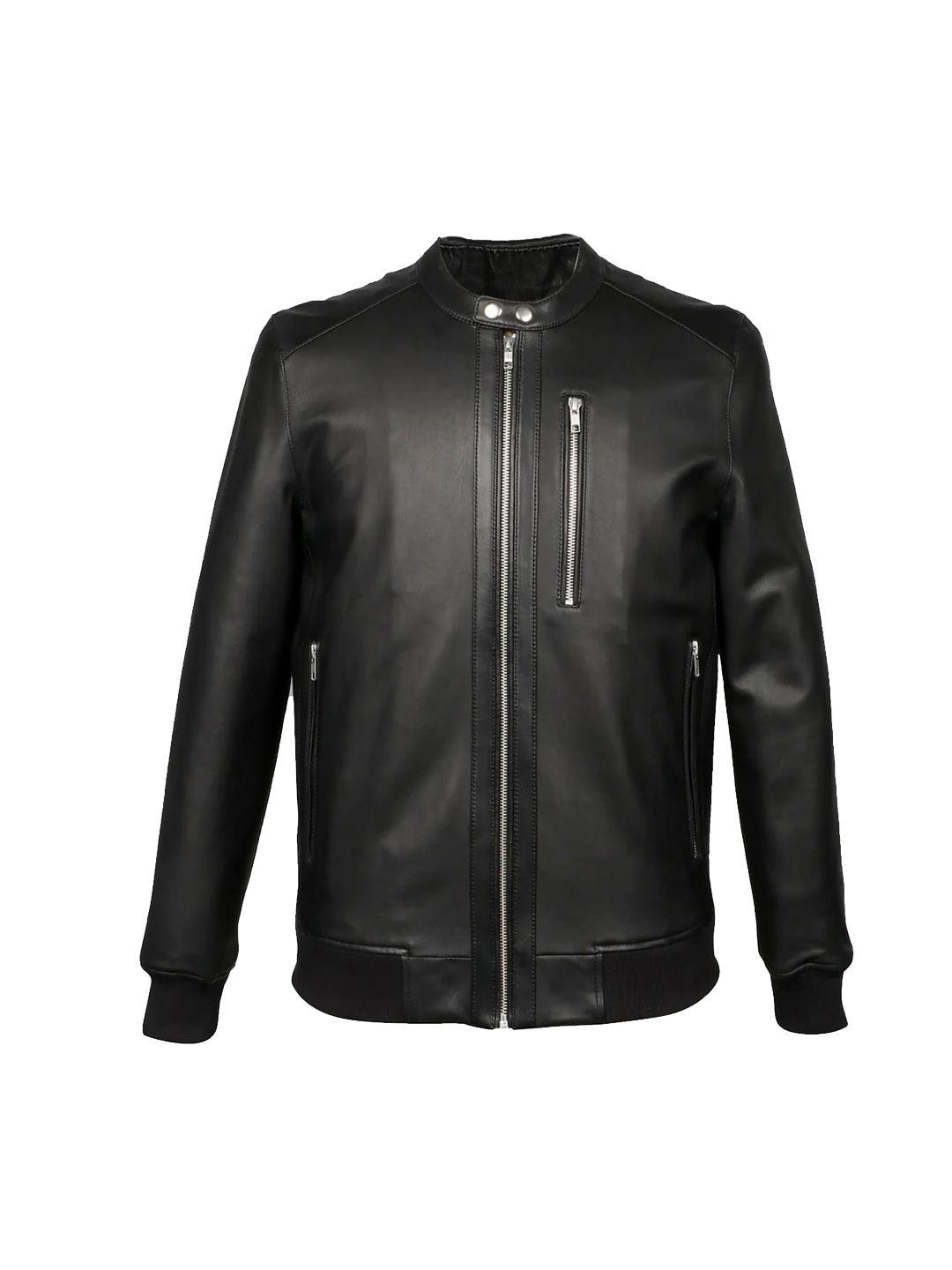 saint g mandarin collar water resistant leather bomber jacket