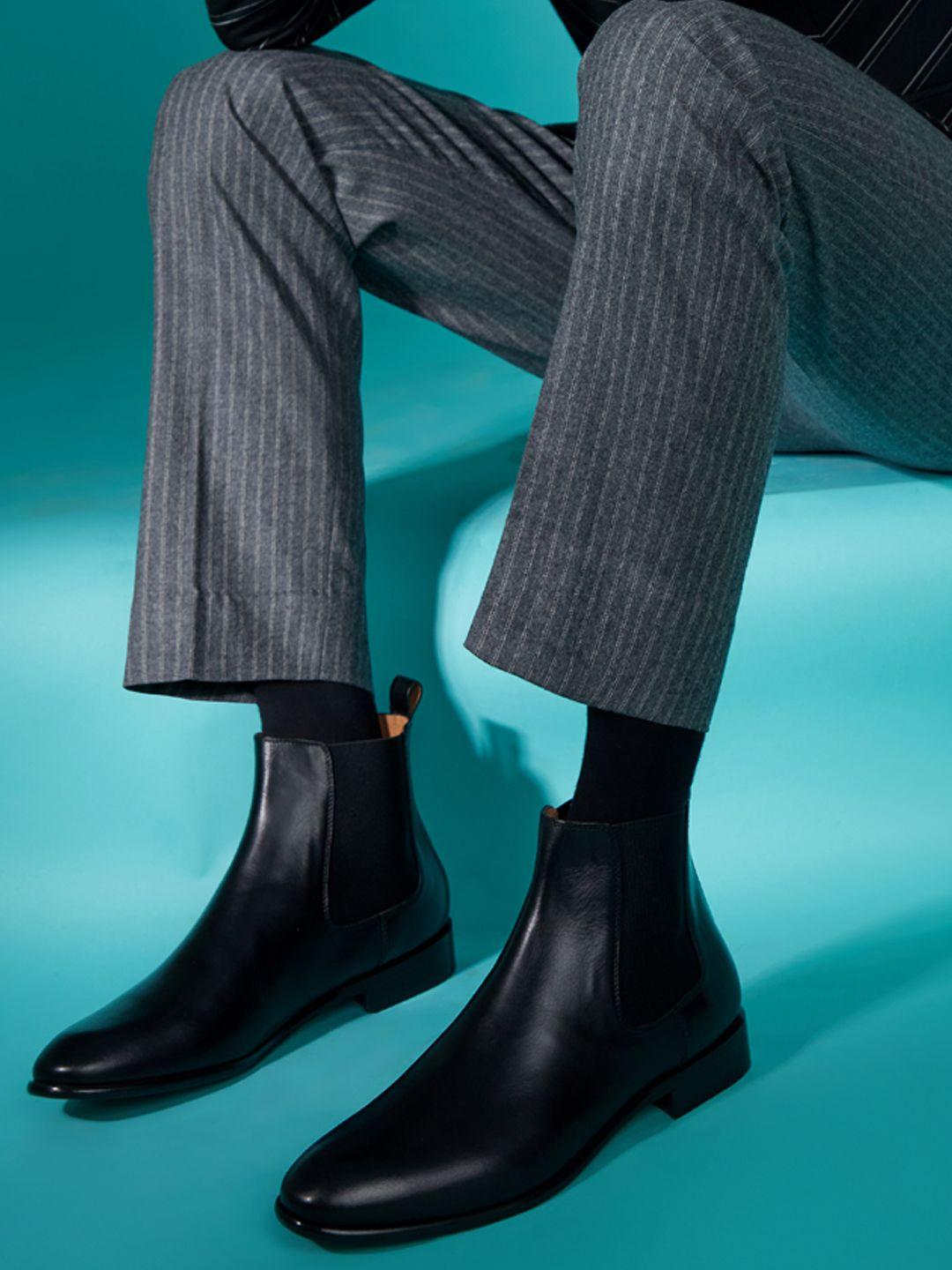 saint g men black solid leather formal chelsea boots
