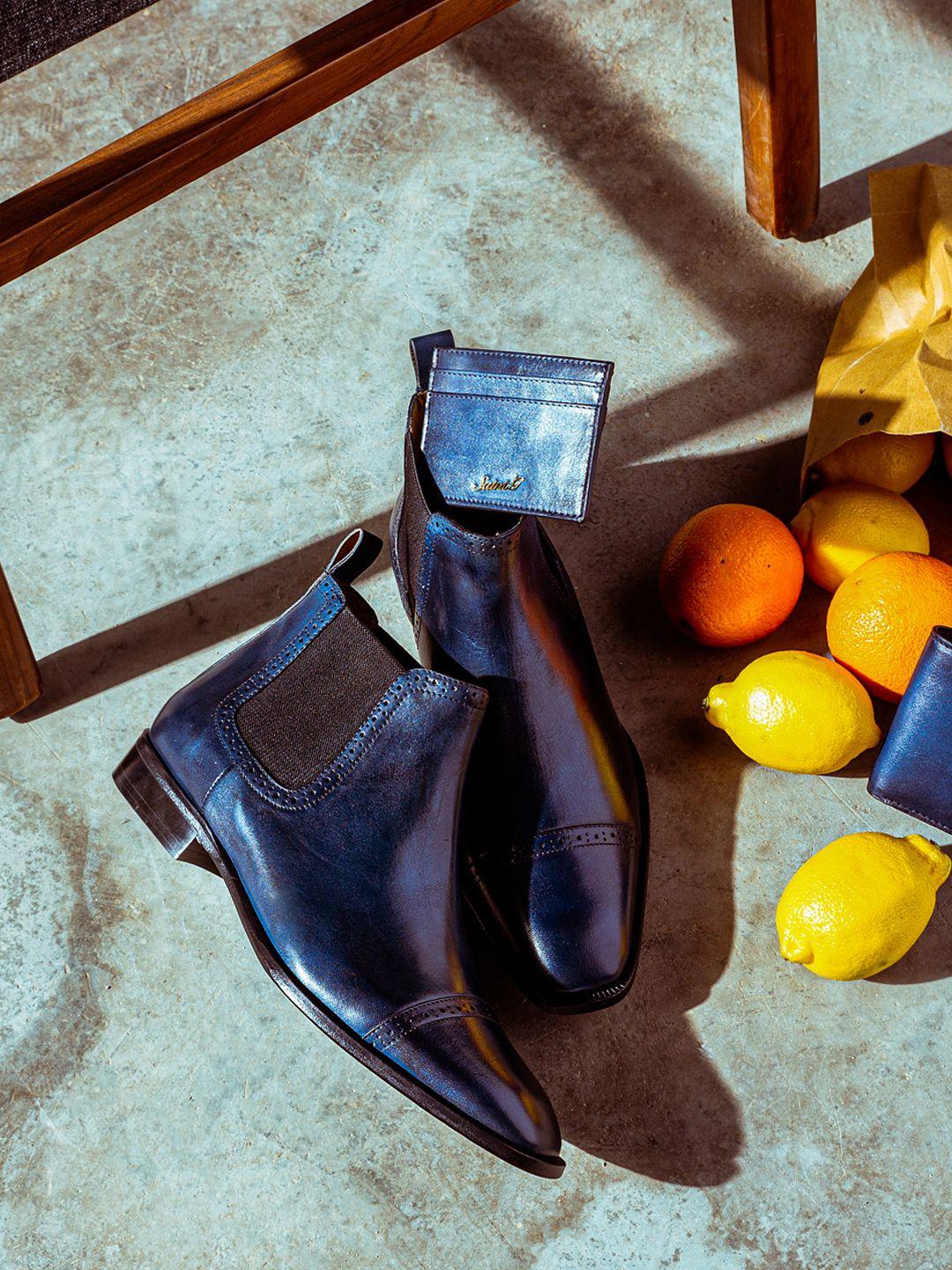 saint g men navy blue solid leather chelsea boots