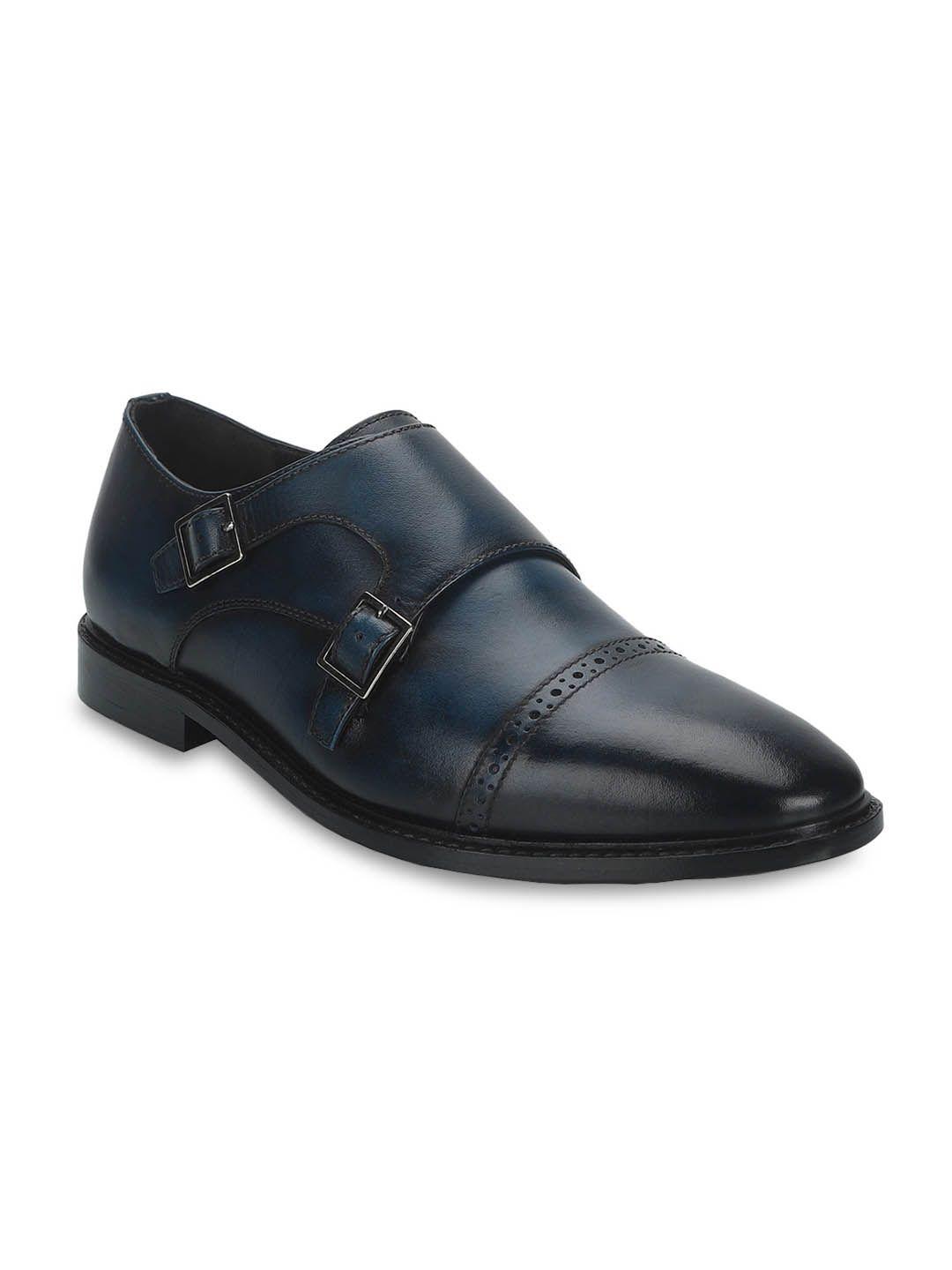 saint g men navy blue solid leather formal monk shoes