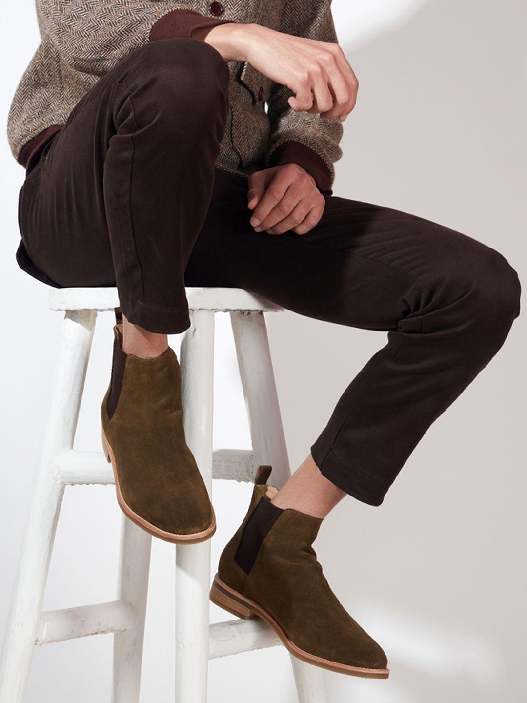 saint g men olive brown solid mid-top chelsea boots