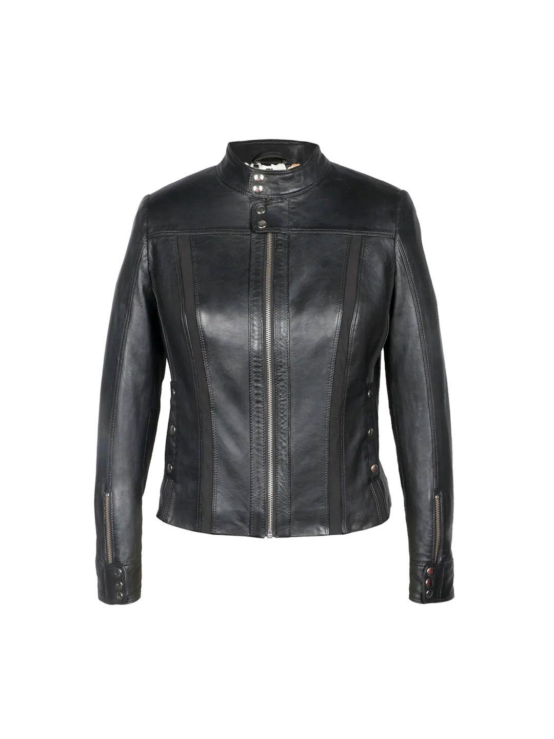 saint g mock collar water resistant leather biker jacket