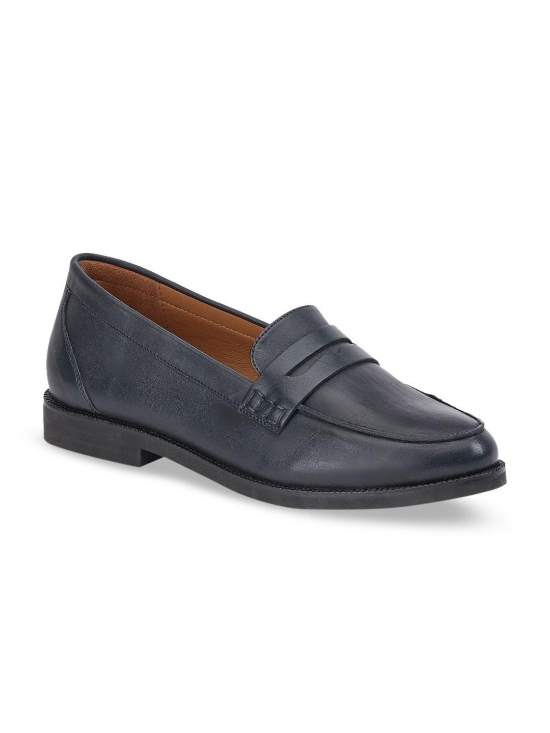 saint g women navy blue solid leather formal penny loafers