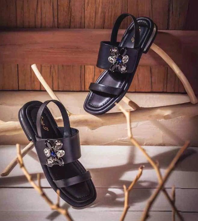 saintg womens black genuine leather flat sandals