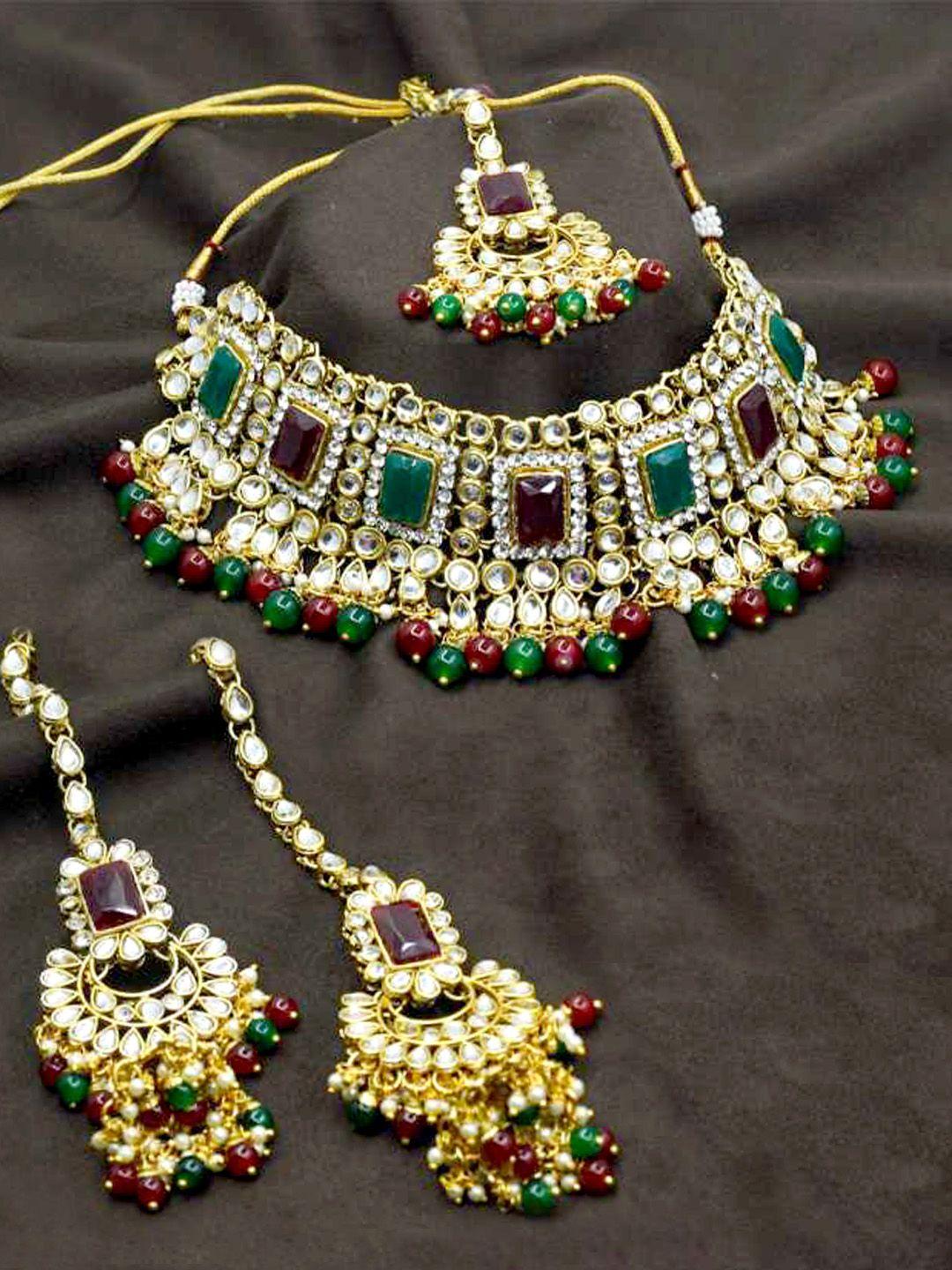 saiyoni green & maroon stone studded gold plated kundan jewellery set