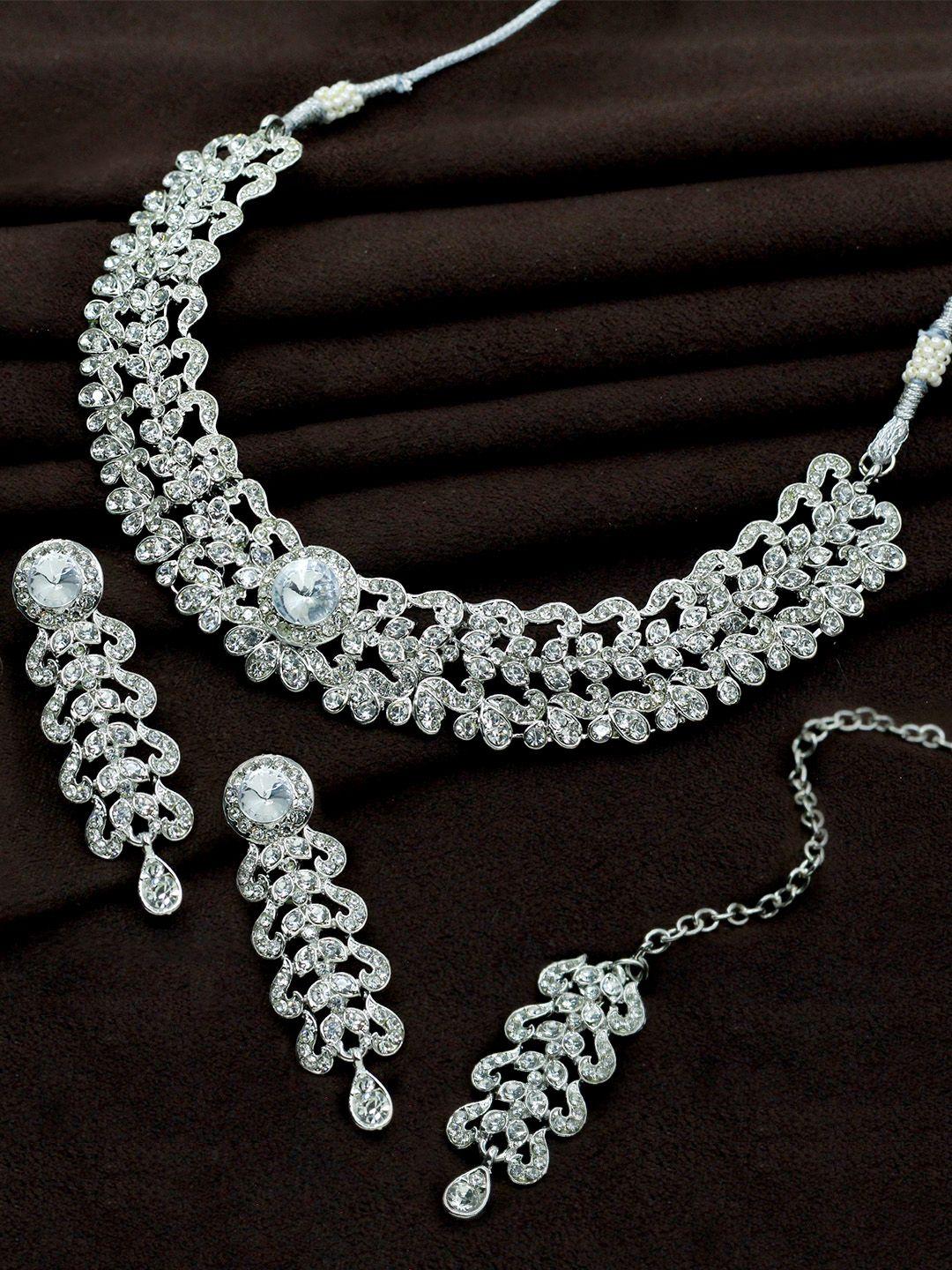 saiyoni silver-plated white ad-stone studded jewellery set