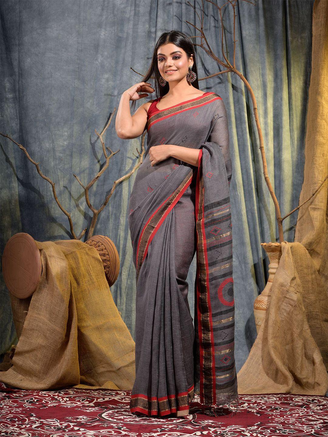 sajasajo ethnic motif woven design zari pure linen saree
