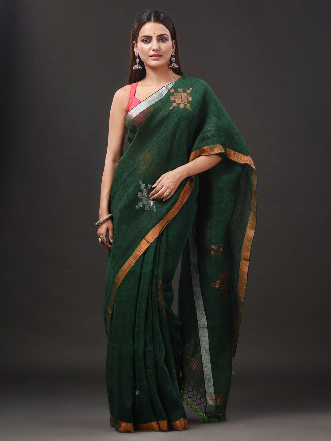 sajasajo green & silver-toned woven design zari pure linen saree