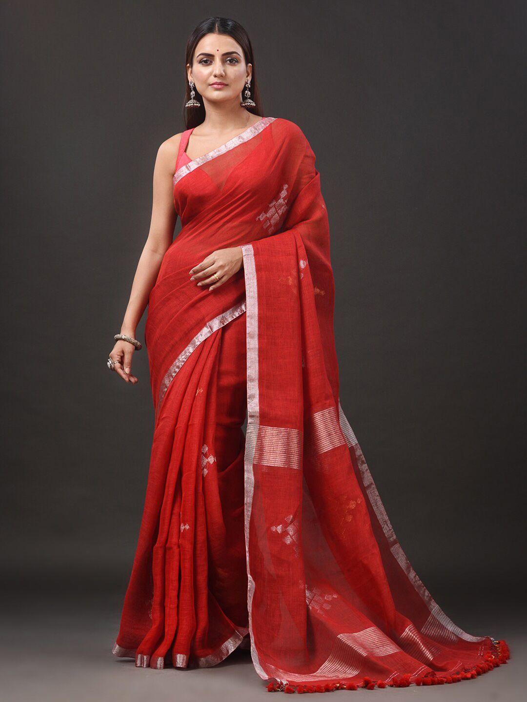 sajasajo red & gold-toned woven design zari pure linen saree