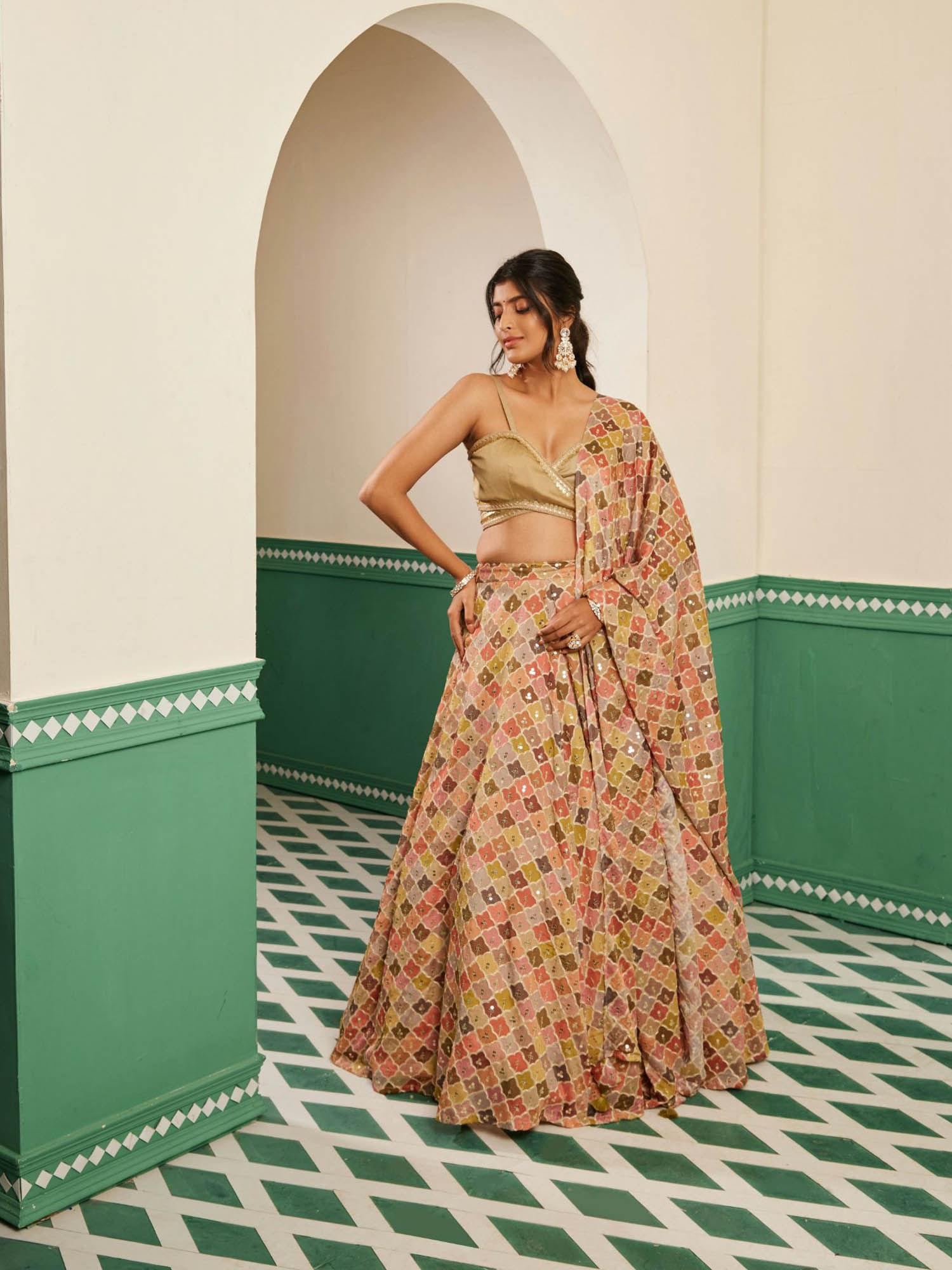 sajda multicolor printed embroidered lehenga skirt