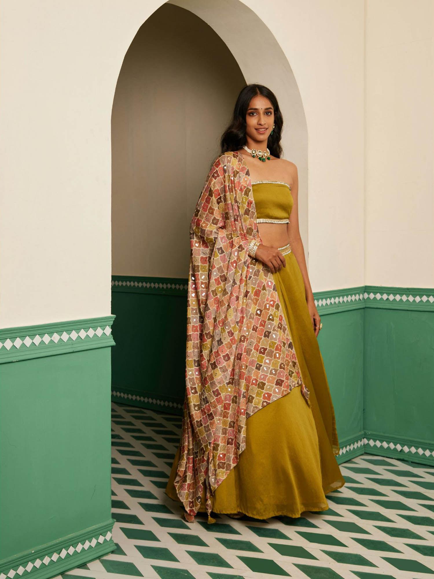 sajda olive green mirror work lehenga skirt