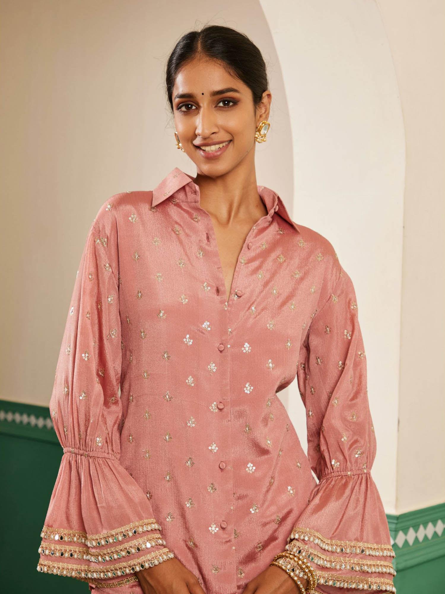 sajda onion pink zari embroidered shirt