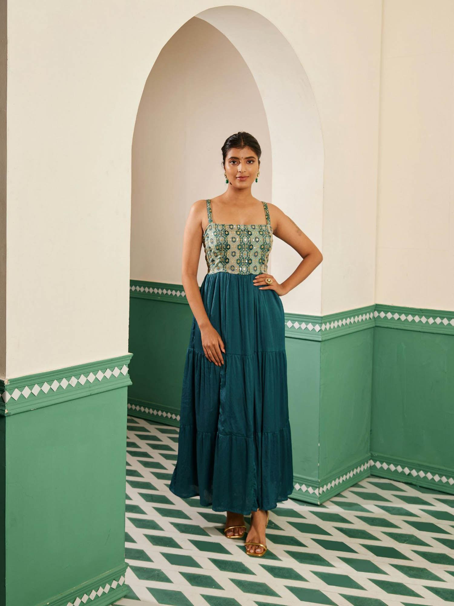 sajda teal embroidered maxi dress