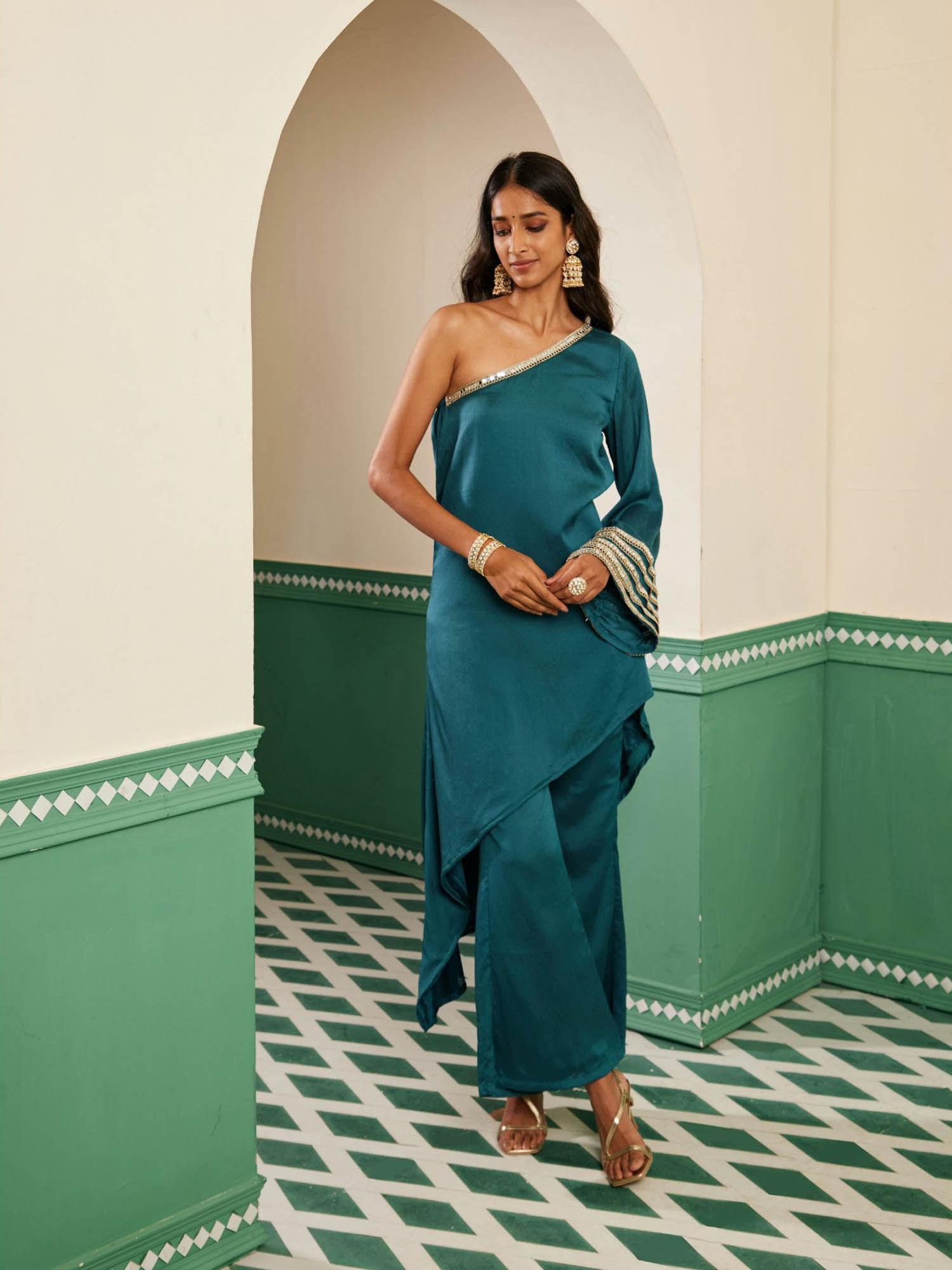 sajda teal mirror work one shoulder kurta