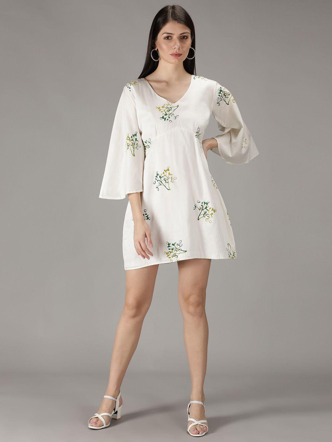 sajke off white & green floral a-line mini dress