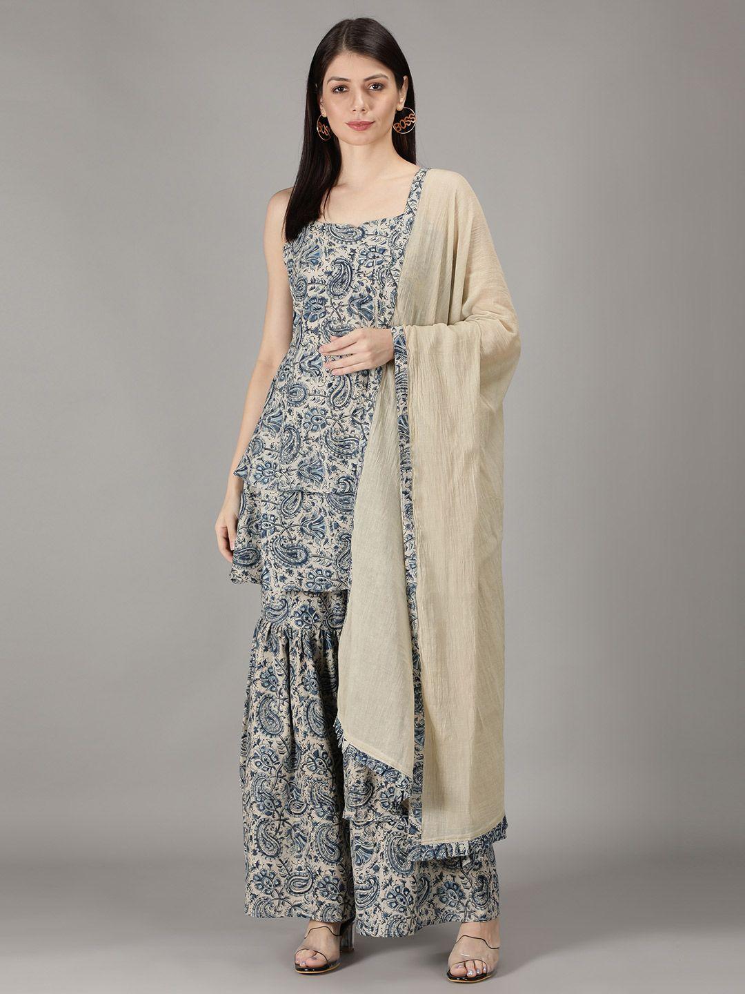 sajke women blue paisley printed layered pure cotton kurti with sharara & dupatta