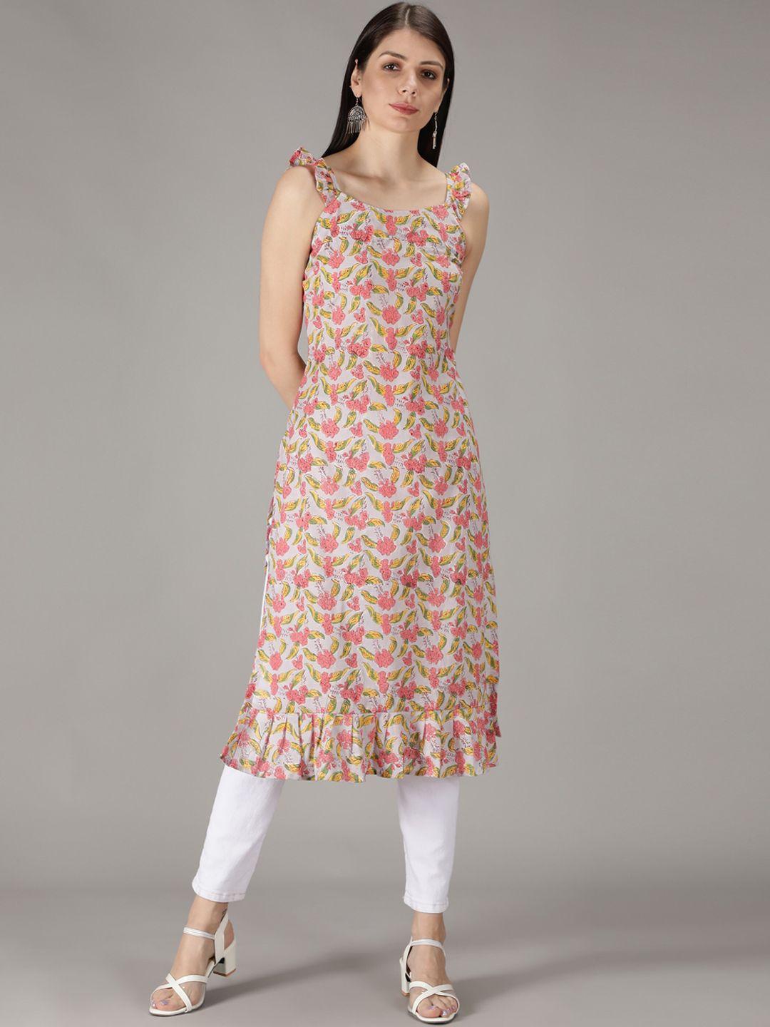 sajke women grey & pink floral printed pleated kurta with trousers