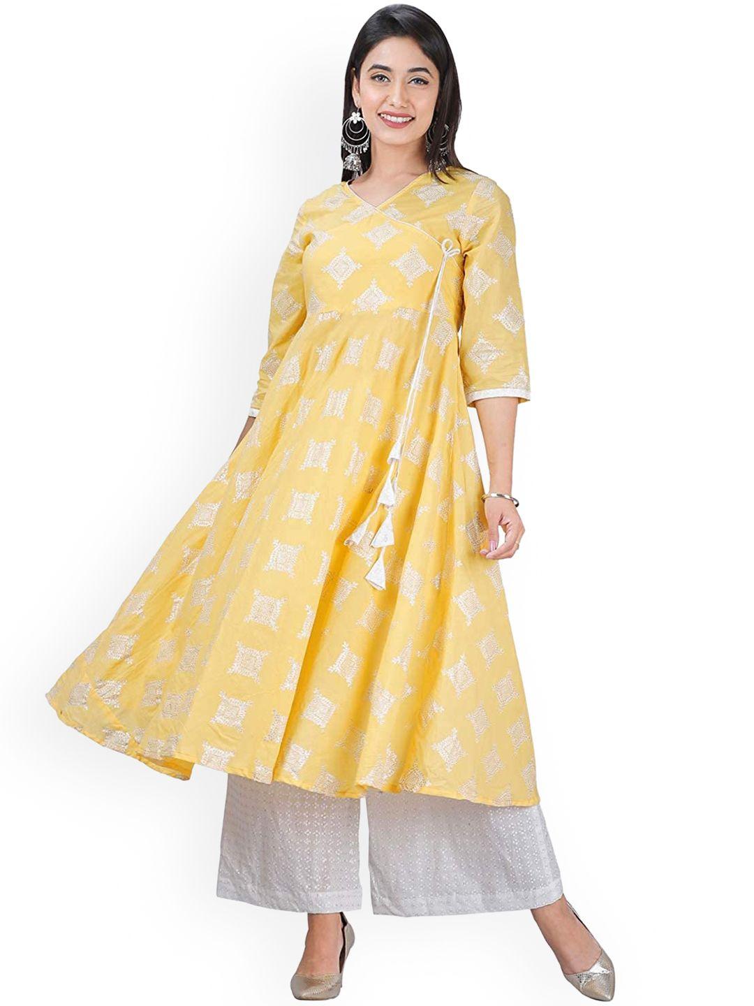 sajke women yellow printed angrakha pure cotton kurta with palazzo