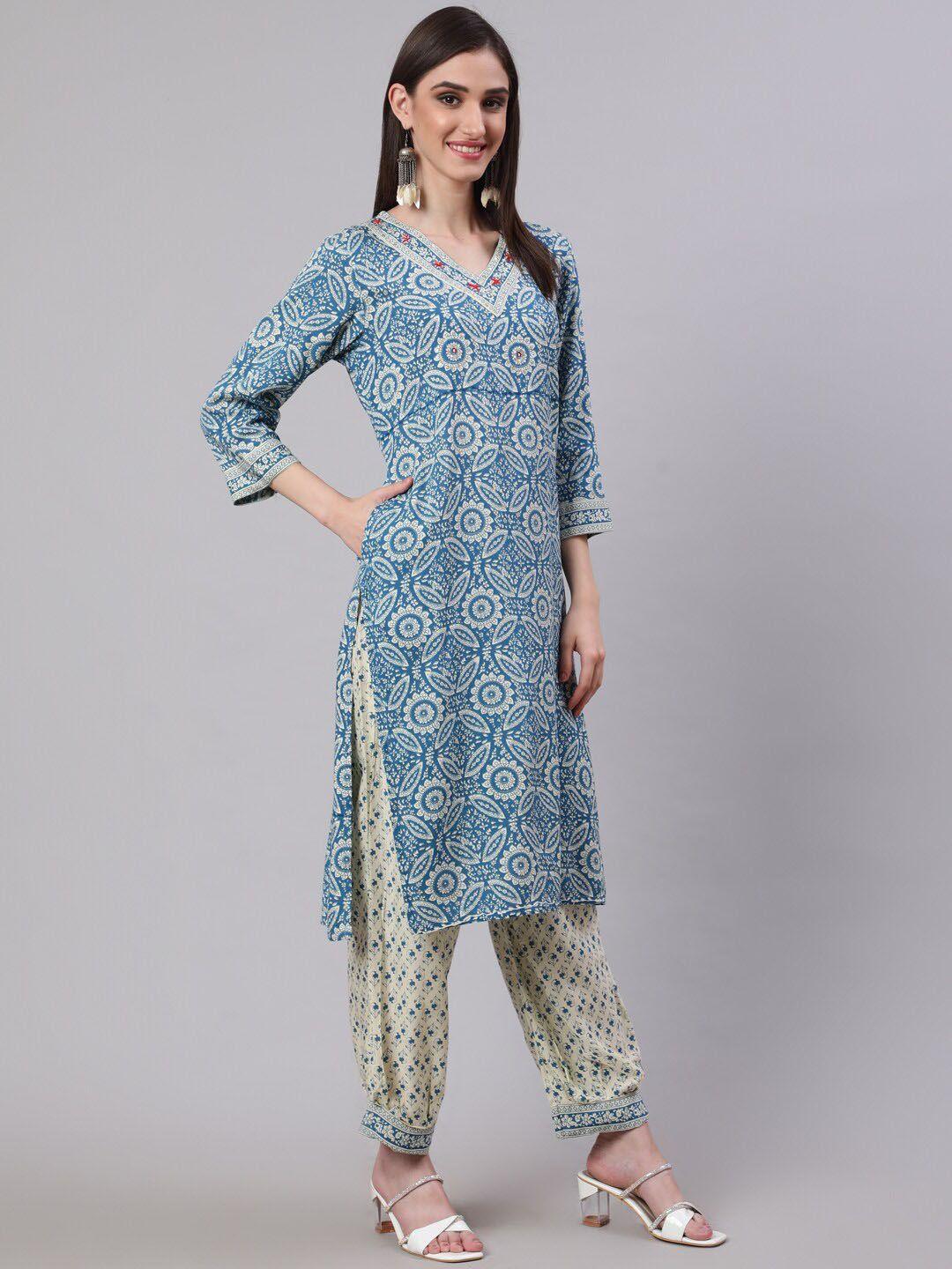 sak jaipur women blue floral printed layered kurta with palazzos & with dupatta