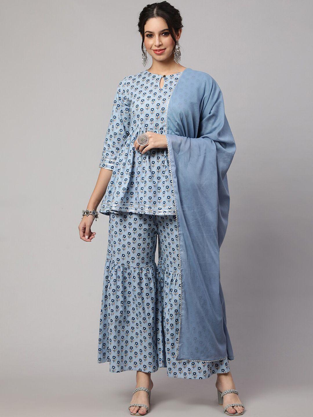 sak jaipur women grey floral printed regular pure cotton kurta with sharara & with dupatta