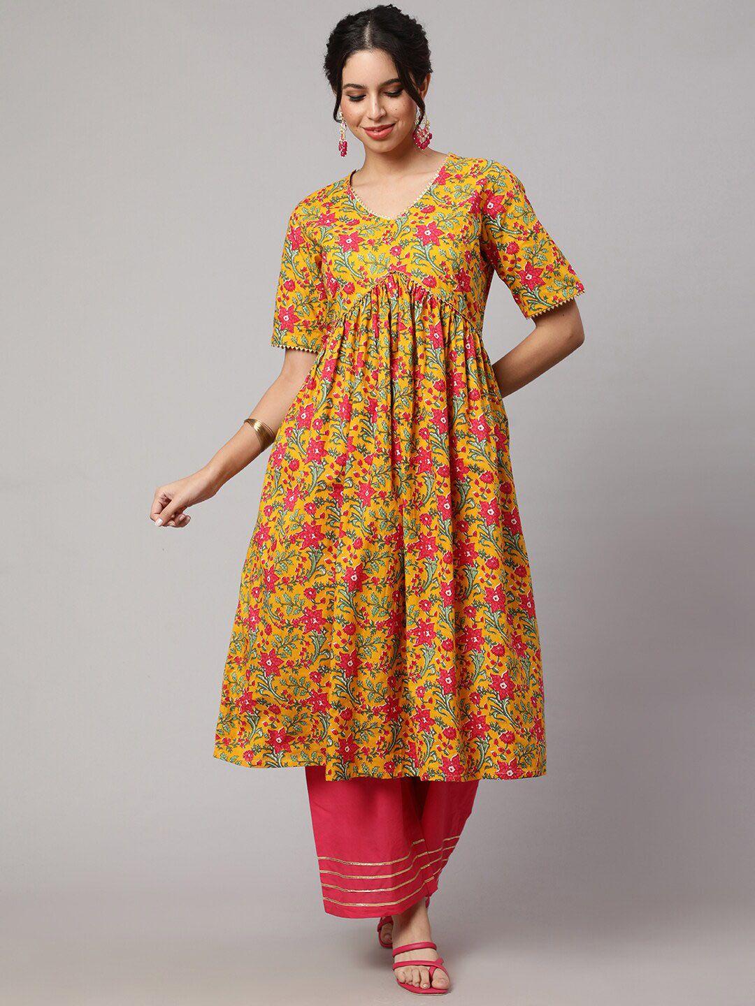 sak jaipur women mustard yellow floral printed empire pure cotton kurta with palazzos