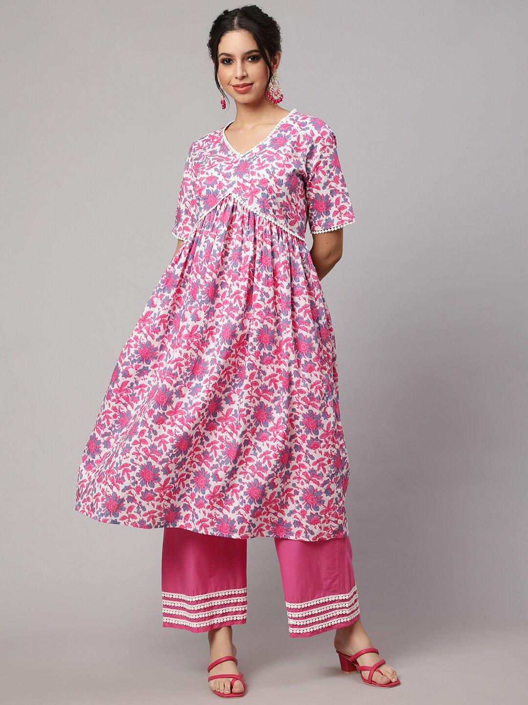 sak jaipur women pink floral printed empire pure cotton kurta with palazzos