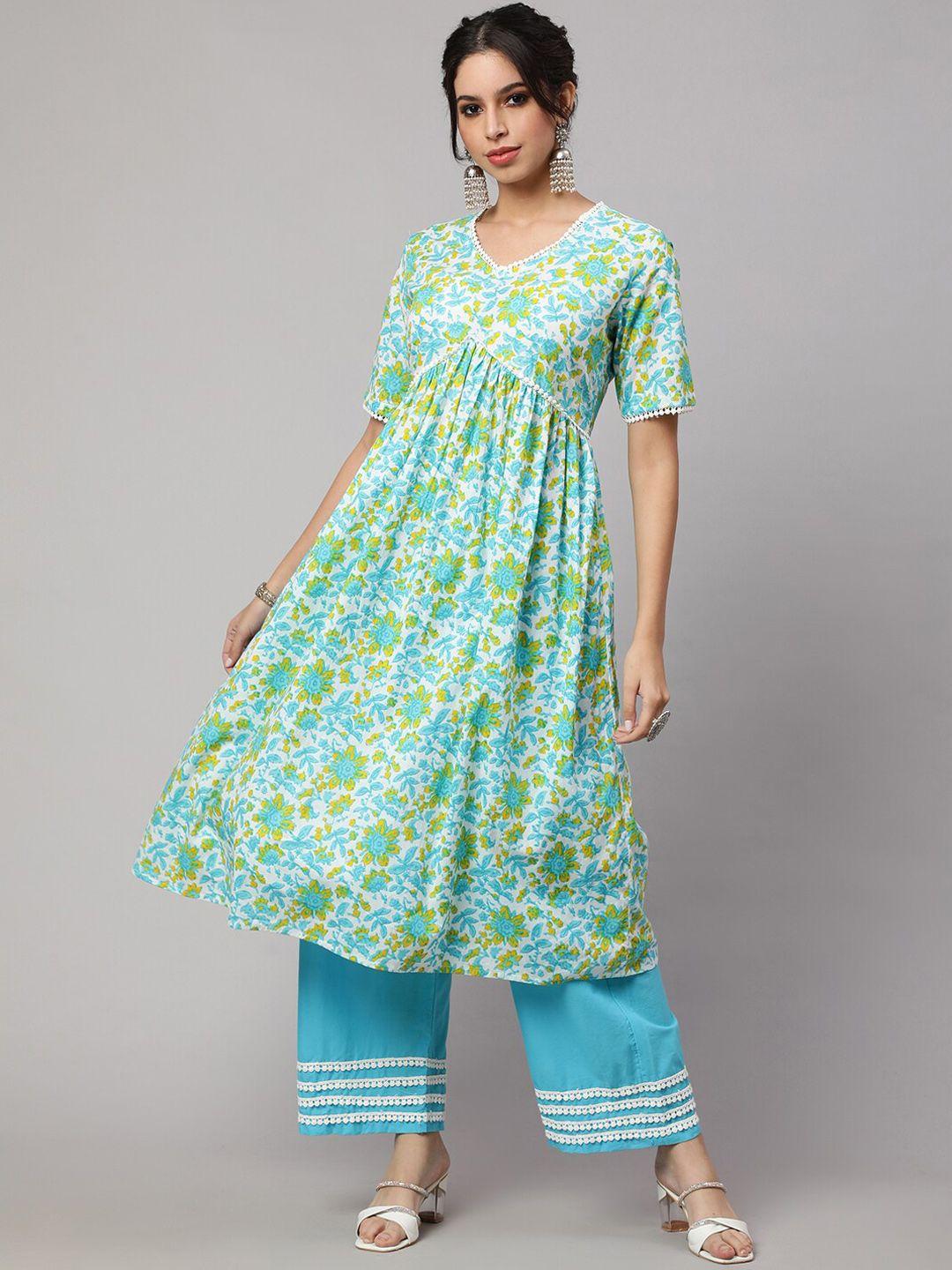 sak jaipur women sea green floral printed empire pure cotton kurta with palazzos