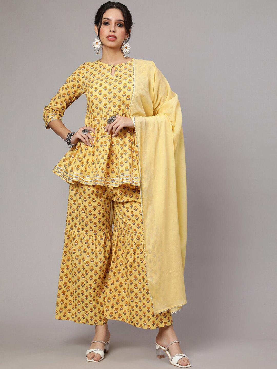 sak jaipur women yellow floral printed regular pure cotton kurti with sharara & with dupatta