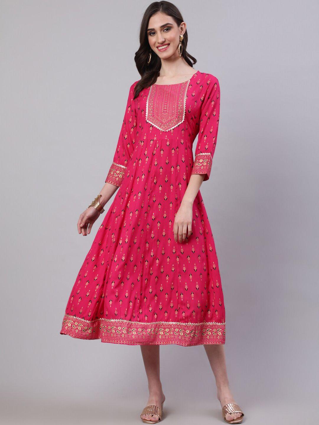 sak jaipur ethnic motifs printed gathered cotton fit & flare ethnic dress