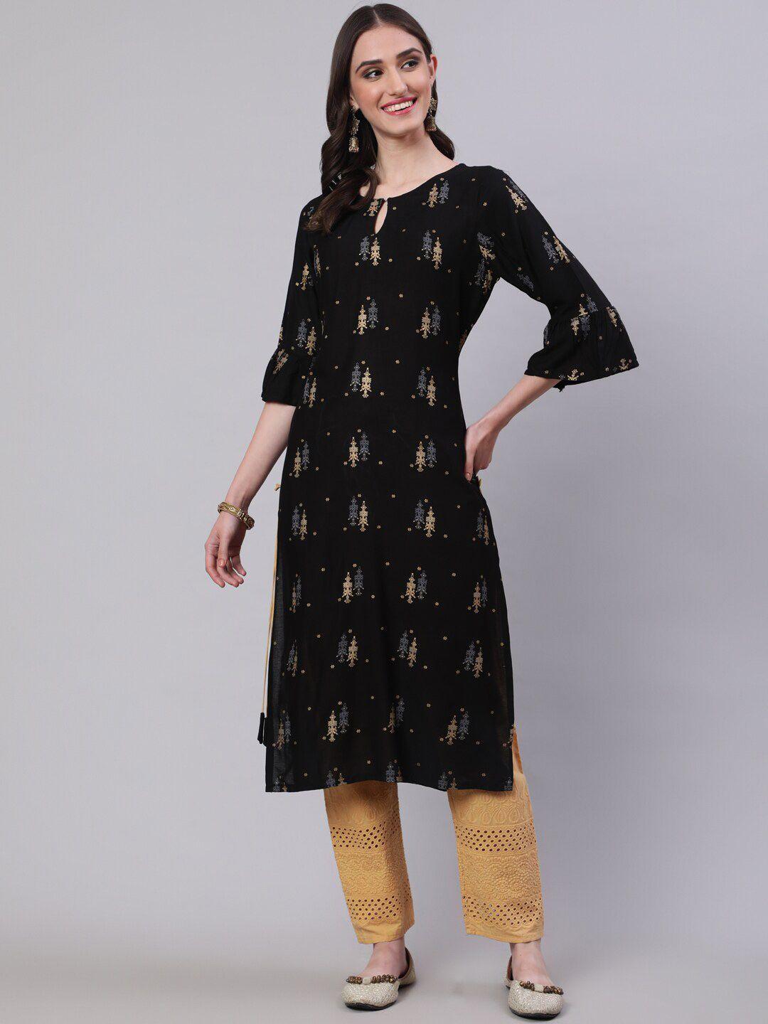 sak jaipur ethnic motifs printed keyhole neck bell sleeves regular kurta