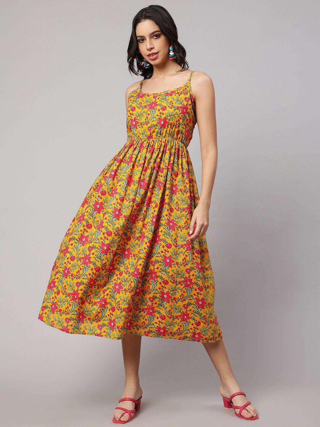 sak jaipur floral printed cotton fit & flare midi dress