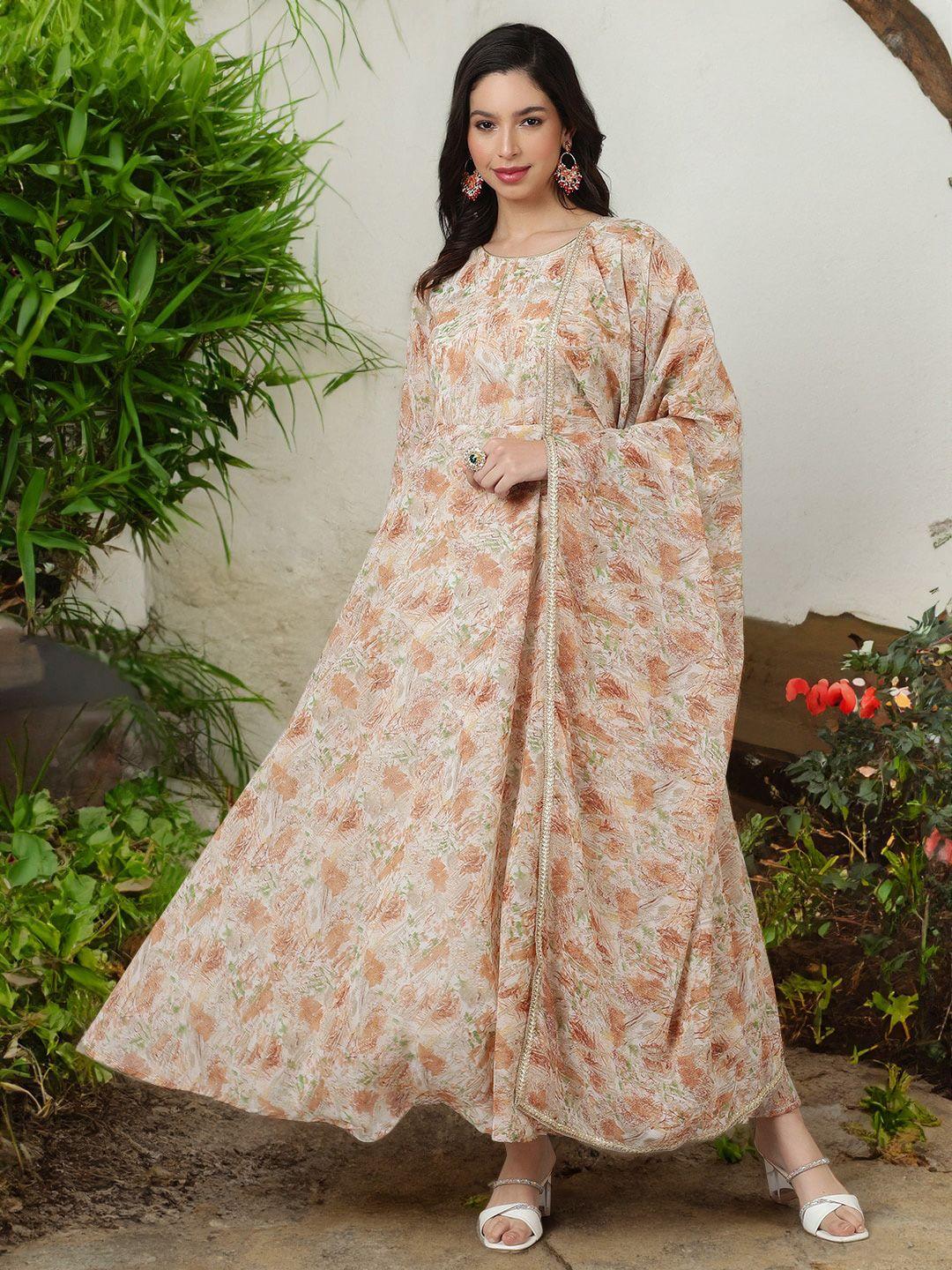 sak jaipur floral printed fit & flared maxi ethnic dress with matching dupatta
