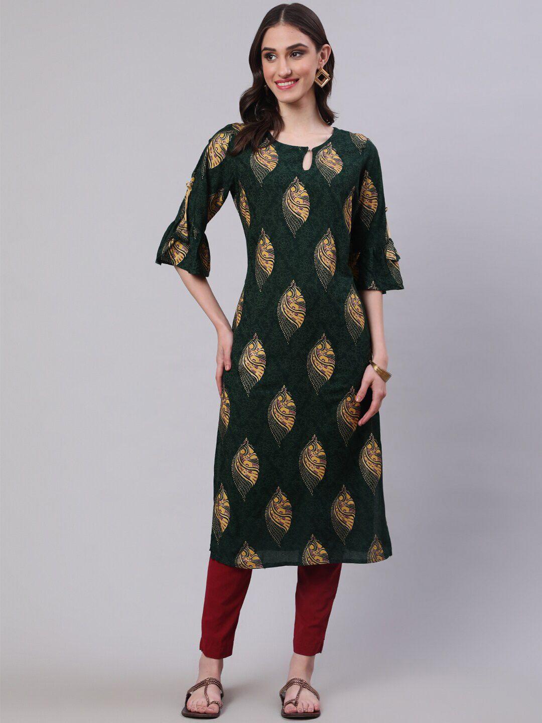 sak jaipur floral printed keyhole neck bell sleeves kurta