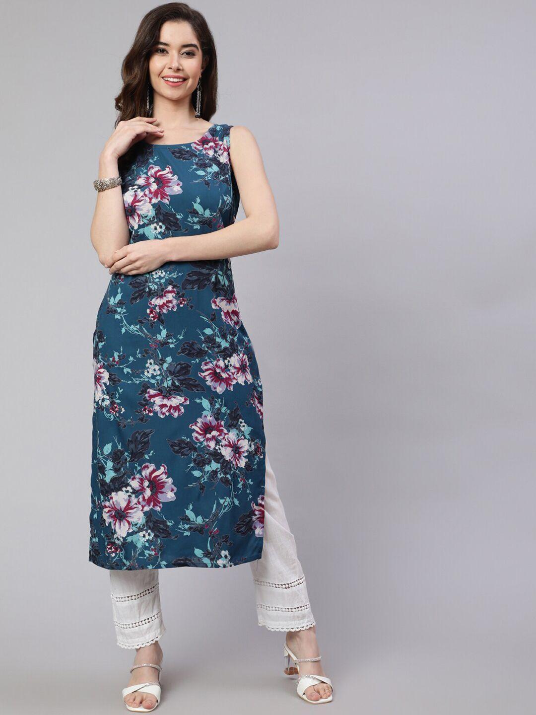 sak jaipur floral printed sleeveless round neck calf length straight  kurta